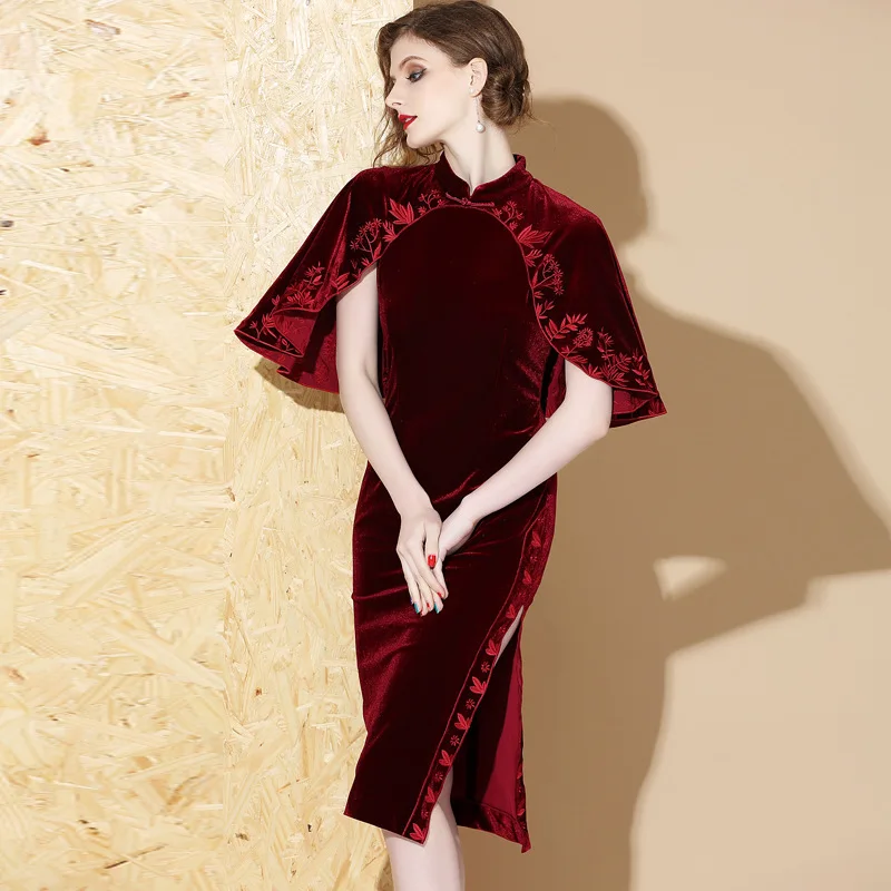 Старое модное винно красное бархатное роскошное вечернее платье Ципао|qipao