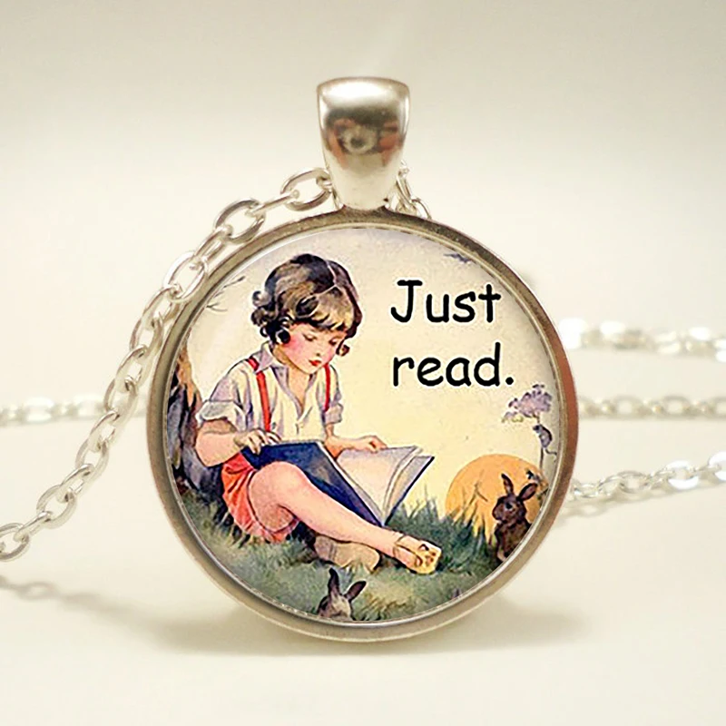 "Just Read Pendant. Vintage Storybook Illustration Boy Reading Necklace