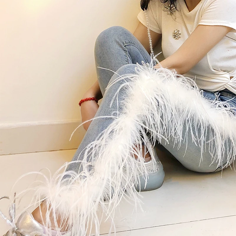 WHITNEY WANG Летняя мода уличная одежда страусиные перья дыры джинсы женские стильные джинсовые брюки