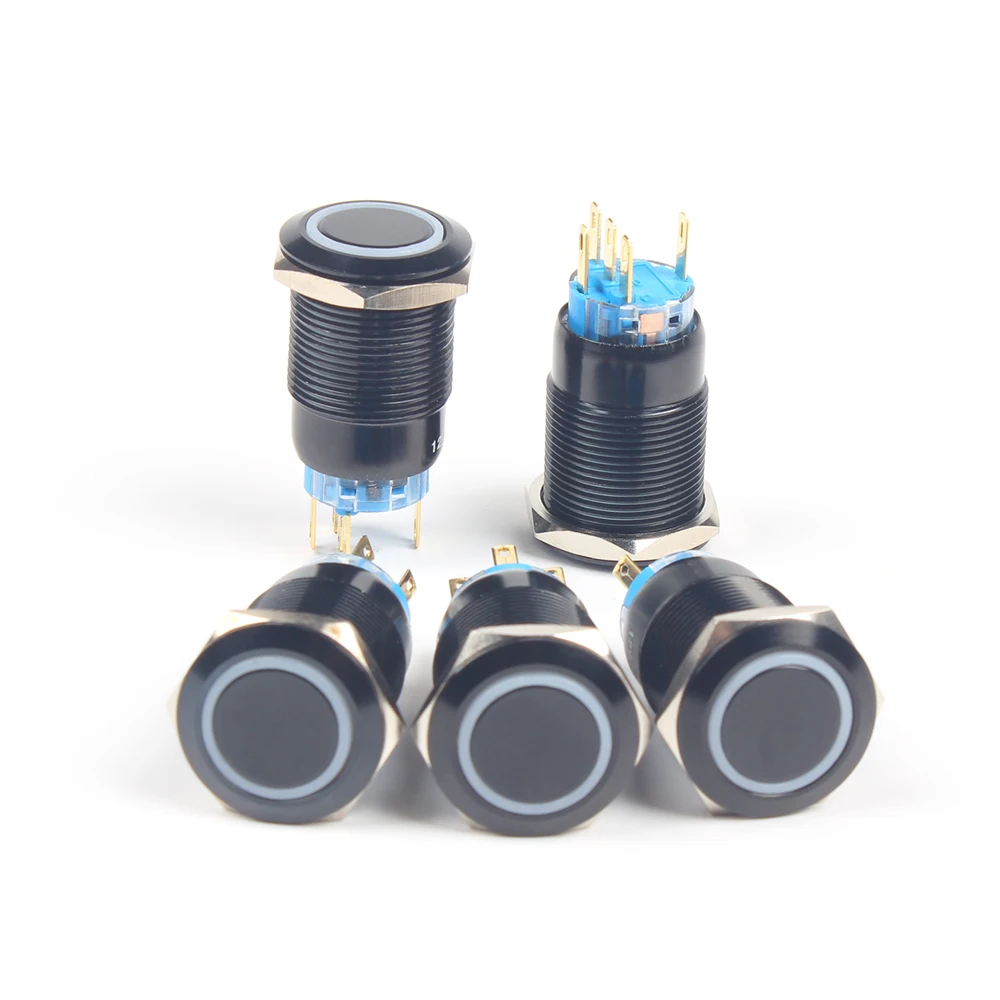 

3V 5V 12V 24V 220V 19mm Latching/Momentary Alumina black body with LED light waterproof push press button switch Red/Green