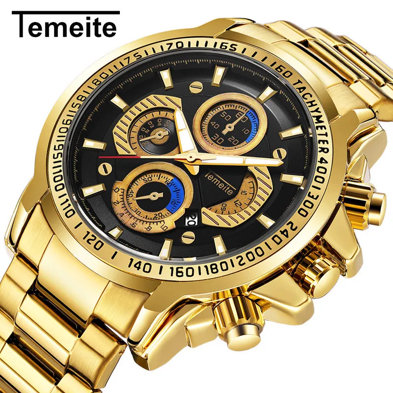 Temeite New Arrival Gold Watch Men Sport Style Stainless Steel Wristwatches Waterproof Golden Quartz watch Brand 1