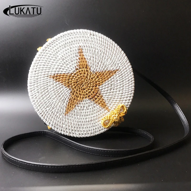Lukatu Rattan Bag Circle Handmade Woven Pentagram Pattern Wicker Buckle Shoulder Bag For Women
