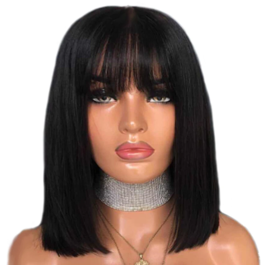 SHD 150 Lace Front Human Hair Wigs With Bangs Straight Bleached Knots