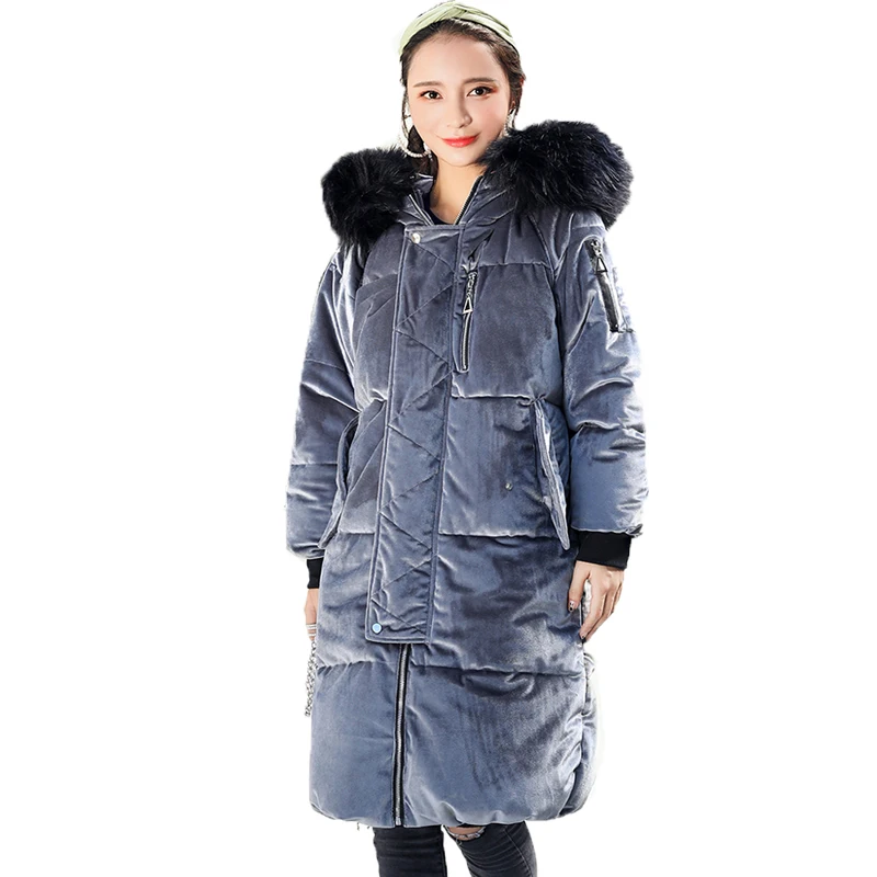

New Women Korean Velvet Coat Women Slim Long Hooded Faux Fur Collar Padded Jacket Winter Warm Casual Parkas Casaco Feminino