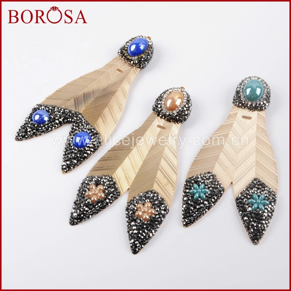 BOROSA Rhinestone Pave Crystal Leaf Shape Metal Slice Charm Handcrafted Drusy Women Fashion Jewelry Gems Mix Color JAB815 |