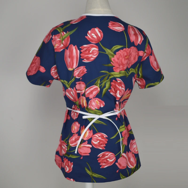[TOP] Women's Fashion Tulips Flower Printing Scrubs TOP with Back Tie