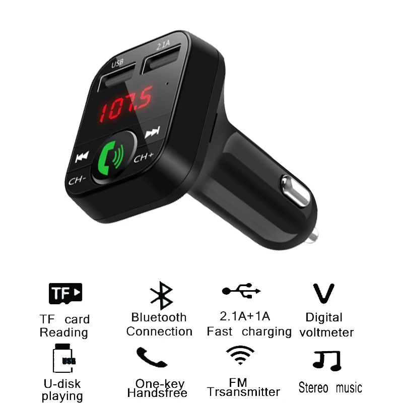 

Dual USB 3.1A Phone Charger Car FM transmitter Bluetooth 4.2 Handsfree Stereo Mp3 Player U disk TF Card Play Digital Voltmeter