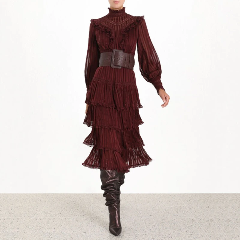 

Solid Cascading Ruffles Woman Maxi Dress Stand Collar High Waist Long Sleeve Lace Mesh Elegant Dress Female Fashion 2019 New