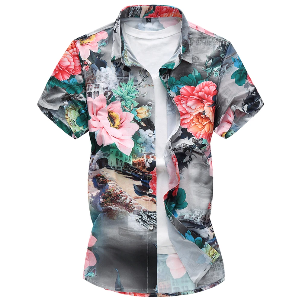 Для мужчин цветочный Гавайские рубашки летний больших размеров лотоса печати короткий рукав рубашка мужской тонкий тип Slim Fit повседневное