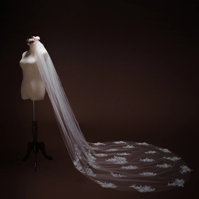 U-SWEAR 2018 Новое поступление аппликация цветок кружева фаты Мантилья Для женщин Длинная фата для свадебное платье собор Veil