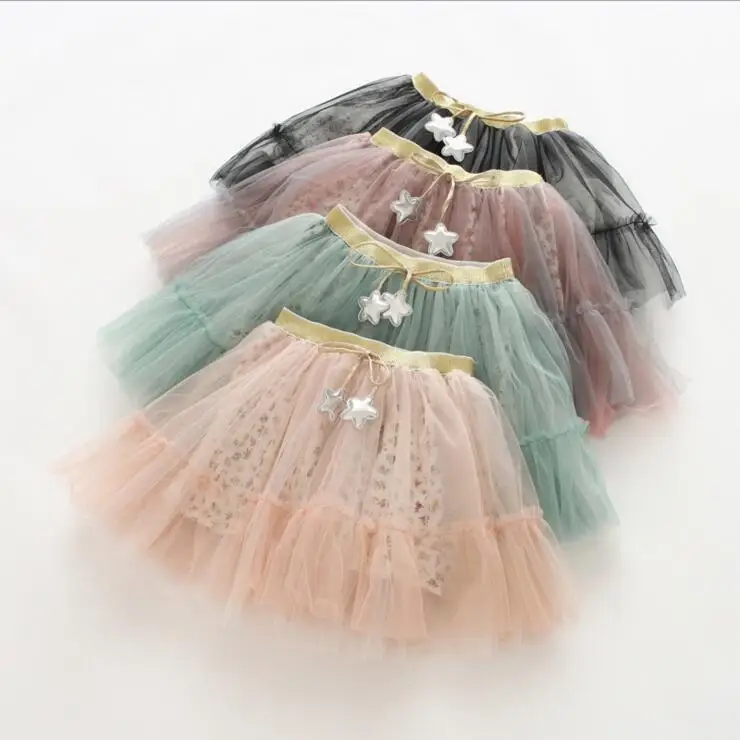 

little kids girls sweet lace flower tutu skirt with stars bows baby girls beautiful tulle skirt wholesale 5pcs/lot