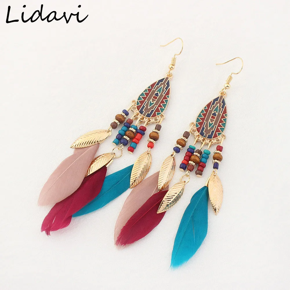 

Lidavi Ethnic Feather Earring Colorful Enamel Earrings Retro Statement Jewelry For Women Bohemian Pendientes Mujer Moda Gift New