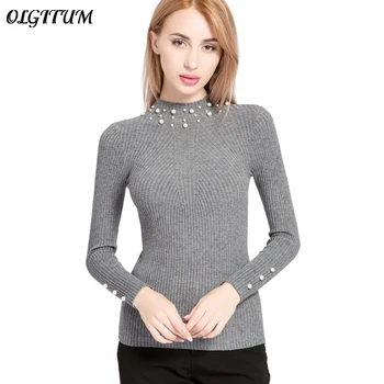 

2019 New Autumn/Winter Women Pearl Beaded Sweater High Elasticity Slim Female O-Neck Long Sleeve Knit Sweater And Pullover SW854