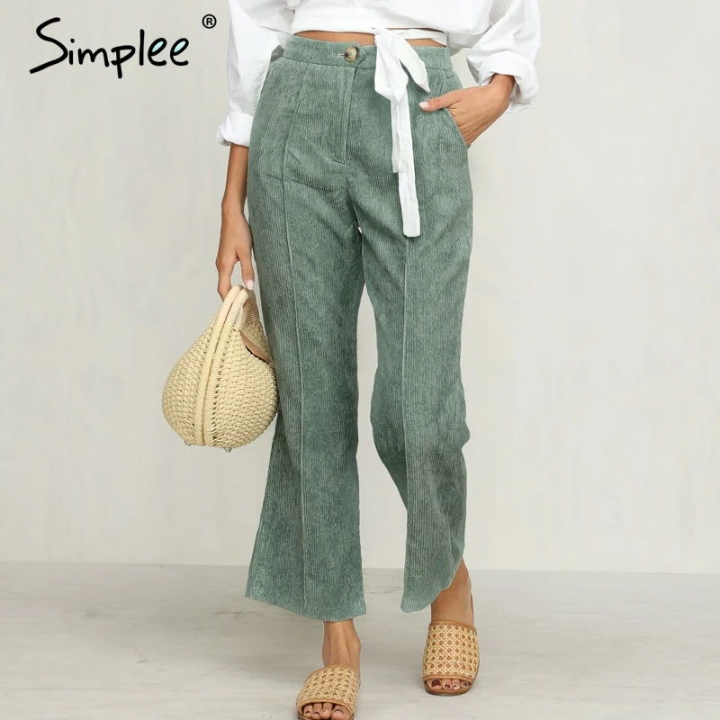 Simplee Vintage green high waist corduroy pants female