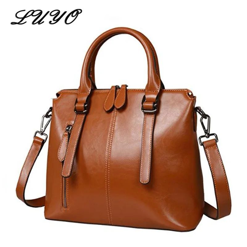 LUYO Brand Fashion Wax Oil Luxury Genuine Leather Briefcase Top-handle Shoulder Bags Female Ladies Handbags Women Blue Tote Bag