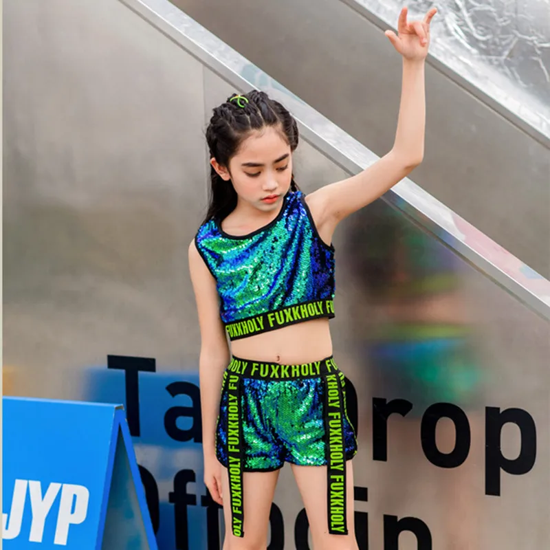 Green Silver Sequin Hip Hop Kids Dance Clothes Stage Outfit Jacket Tank Top Shorts Suit Girls Boys Hiphop Jazz Street Costume