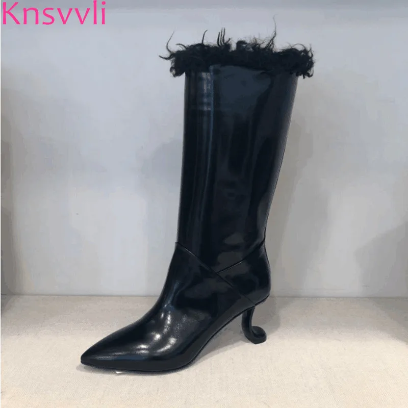 

Knsvvli new strange style high heel winter boots women pointed toe genuine leather plush inside runway shoes lady mid calf boots