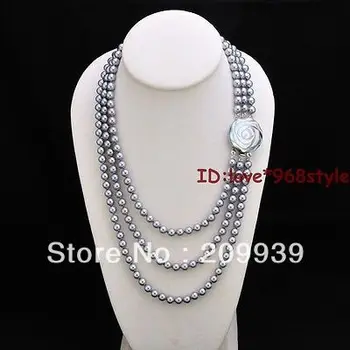 

free shipping 001170 3 Row Fashion shell flower clasp 7-8mm Genuine Gray Freshwater Fw pearl necklace