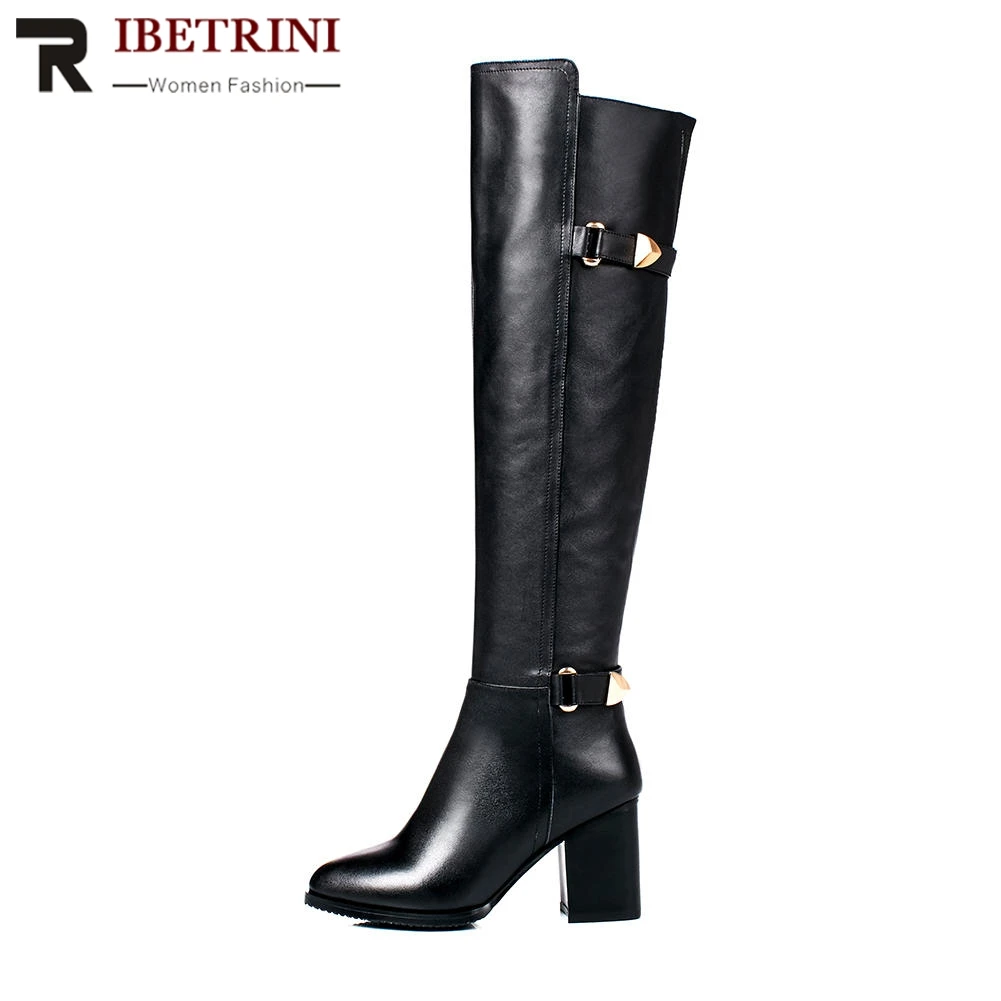 

RIBETRINI Popular 4 Kinds Lining For Option Genuine Cow Leather Pointed Toe 8cm High Square Heels Zip knee-high Ladies Boots