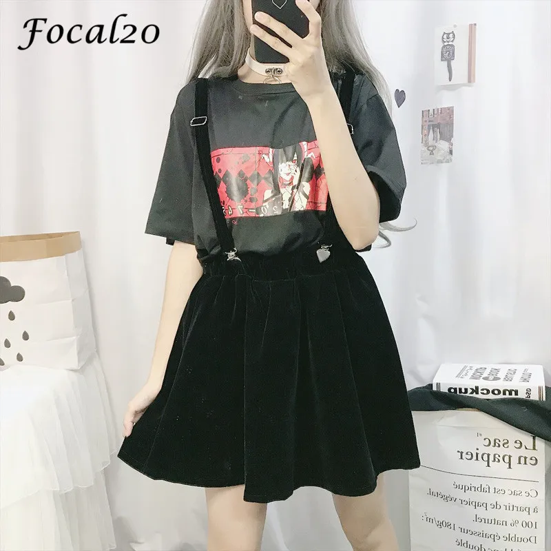 

Focal20 Japan Style Dark Girl Print T Shirts Top Tees Crew Neck Short Sleeve Strap Above Knee Ruffles Women Skirts Solid Color