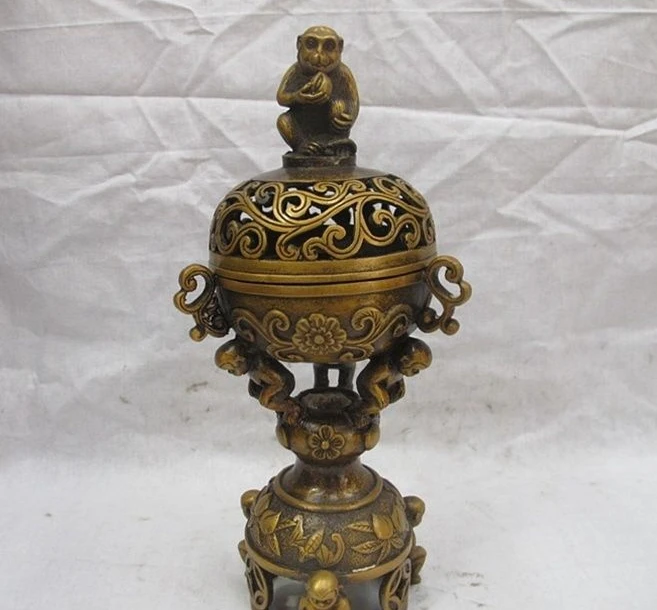 

Chinese Classical Bronze Monkey Peach blessing bat longevity Incense Burner a 0518