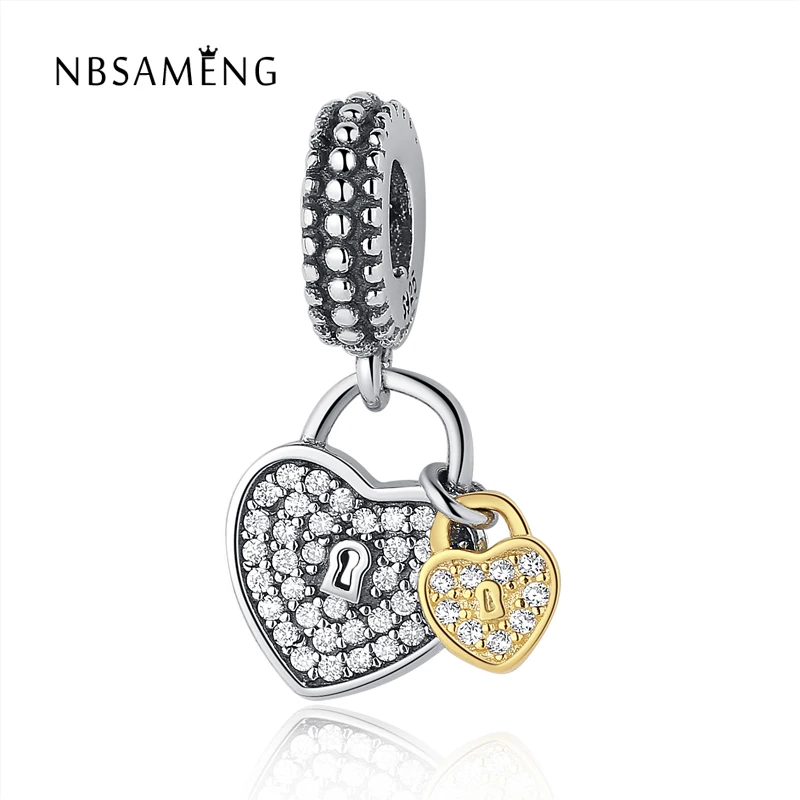 

Authentic 925 Sterling Silver 2 Heart DIY Bead Charms White Gold Color Crystal Pendant Fit Pandora Bracelet & Bangle Jewelry