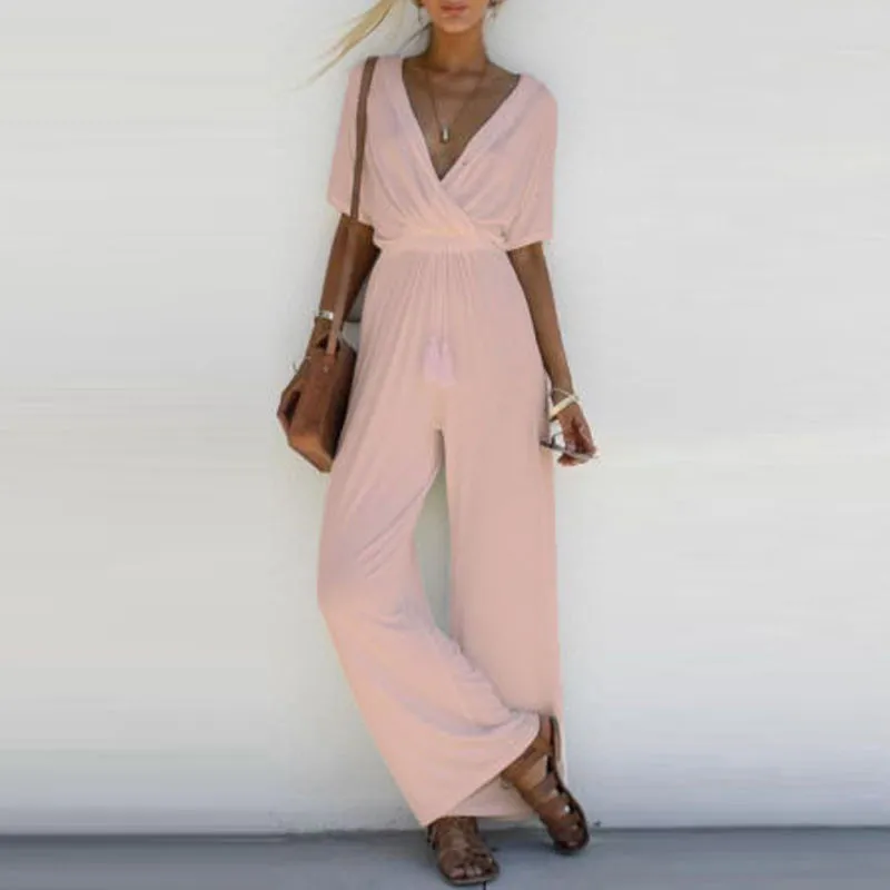 Ladies V Neck Loose Long Jumpsuit Summer Short Sleeve Plus