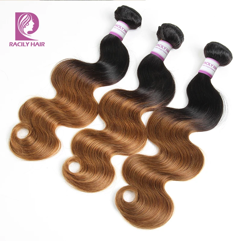 Racily волос T1B/30 перуанский объемная волна Связки 100% человеческих волос Weave Связки коричневый Ombre Реми Huamn волос 1/3/4bundles