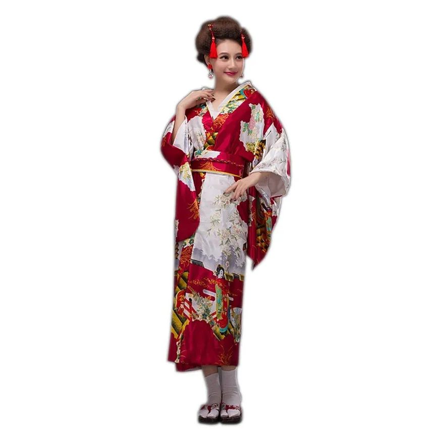 Бордовый леди японский моды традиционные шелковые кимоно платье юката с Оби вечернее платье сцены заказчика один размер