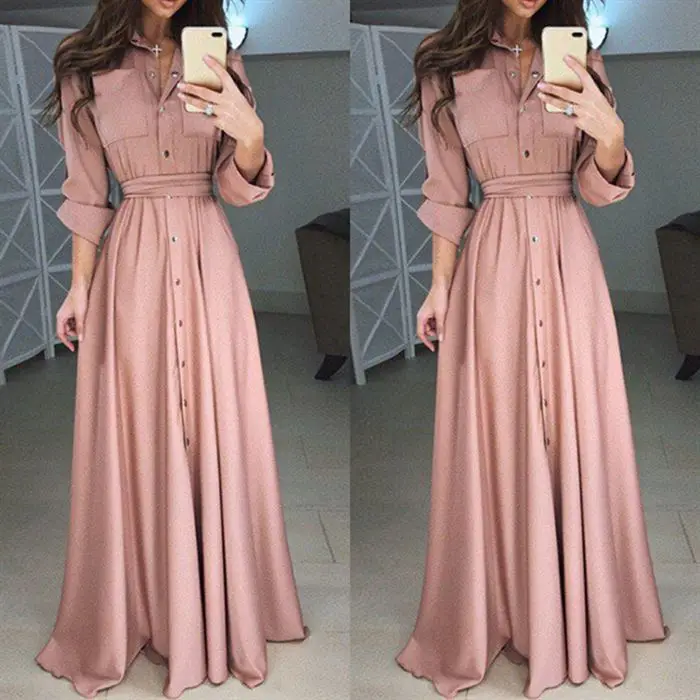 

Long single-breasted dress in solid color for ladies Big yards. multicolor