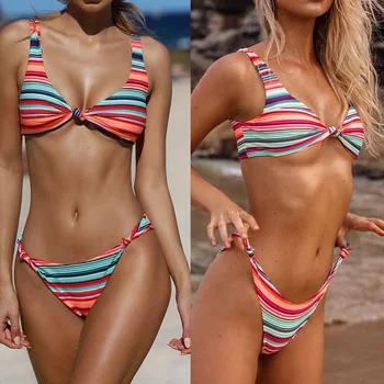 

Swimwear Swimsuit Female Separate Bikini 2019 Womens Swim Wear Suits Bathing Monokini Women Split Knotted Stripes Printed