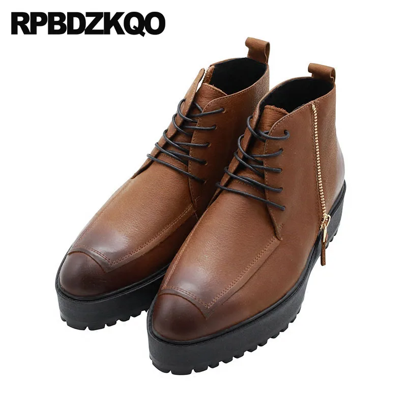 

High Sole Shoes Men Pointed Toe Brown Genuine Leather Booties Fashion Ankle Boots Full Grain Platform Thick Soled Zipper Lace Up