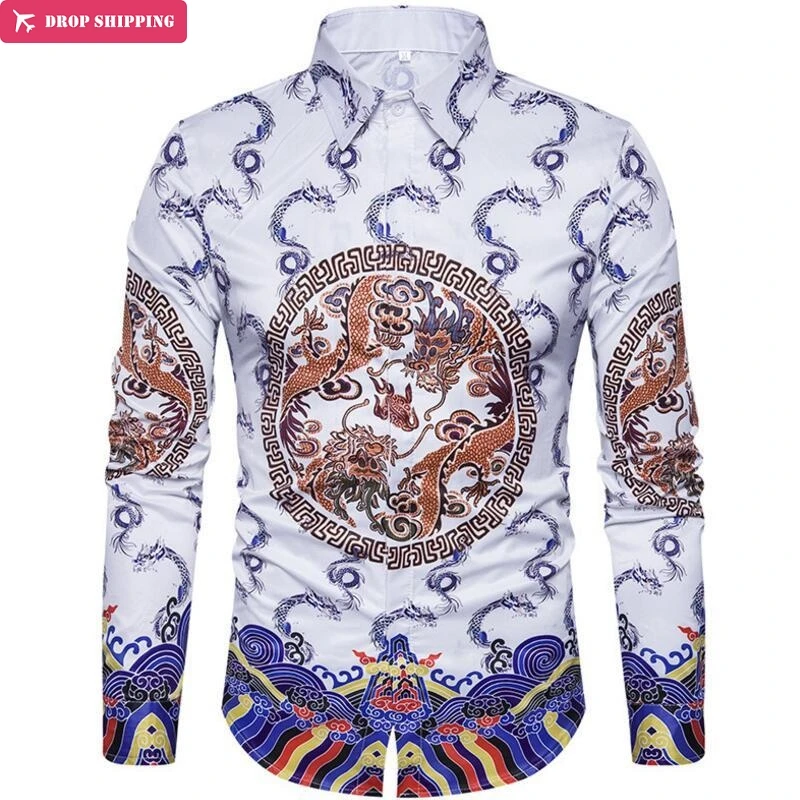 

DropshippingMens Dress Shirt Print Men Casual Shirt Plus Size Camisa Slim Fit Masculina Comfort Men Shirts Long Sleeve