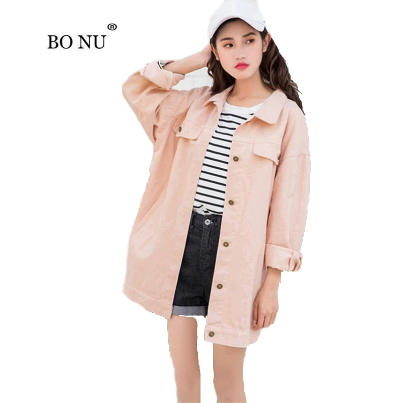 Goedkoop BONU Herfst Gekleurde vrouwelijke kleding Losse Lange BF Bomberjack Vrouwen Denim Jas Harajuku Effen Losse regenjas Vrouwelijke Basic Jassen