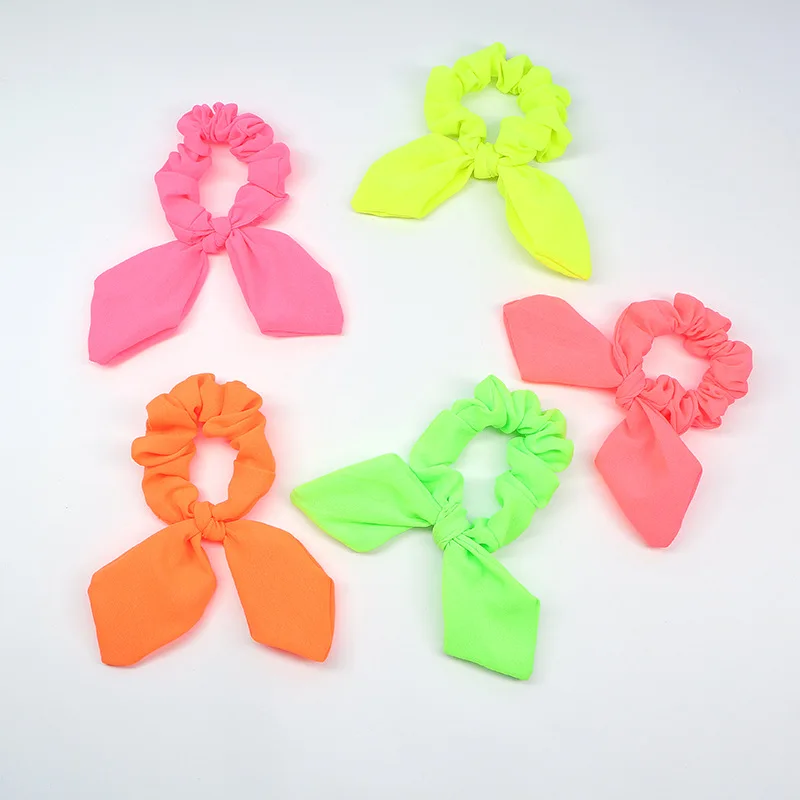 

New arrival Fashion women Fluorescent Color bow hair tie Neon color hair scrunchies girl's candy Ponytail Holder