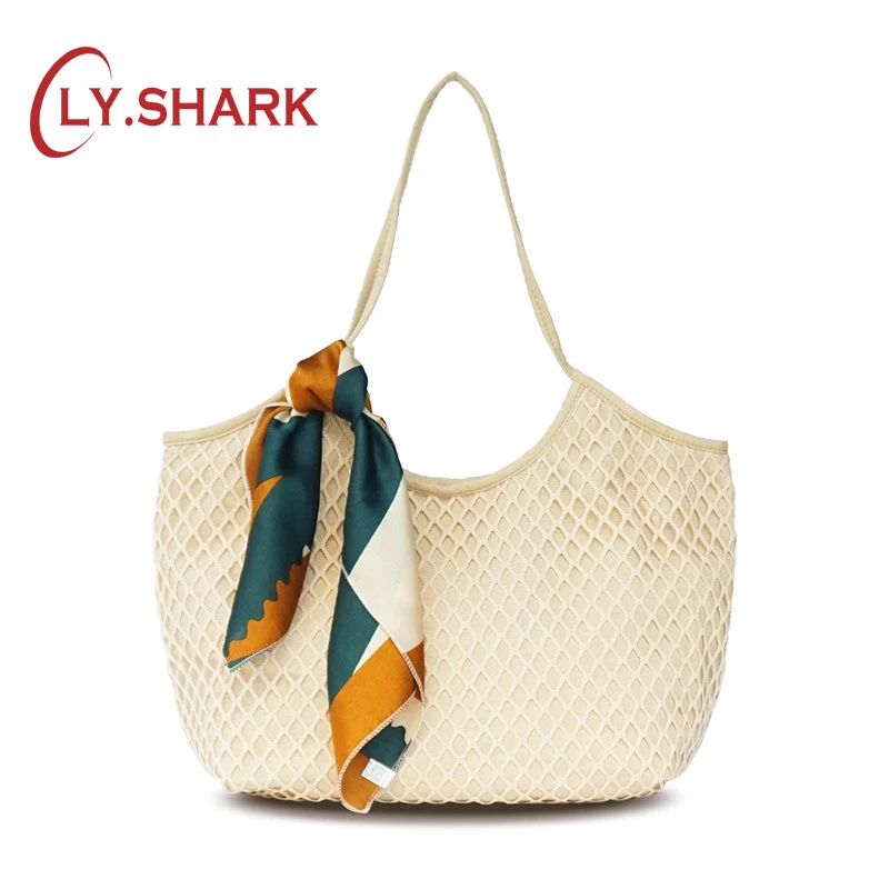 Женская тканевая сетчатая пляжная сумка LY. SHARK белая на плечо лето 2019|Сумки с