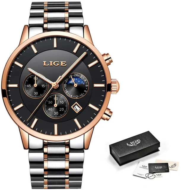 LIGE, мужские часы, Топ бренд, роскошные, мужские спортивные военные часы, мужские водонепроницаемые кварцевые часы из нержавеющей стали, Relogio Masculino - Цвет: Rose gold black S
