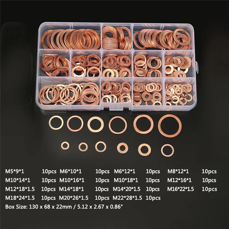 150 шт. одноцветное Медь шайбы Медь уплотняющие шайбы уплотнительное кольцо комплект с коробкой 15 Размеры M5-M22