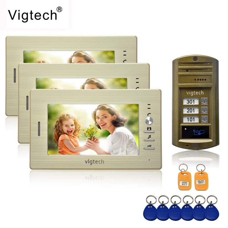 Vigtech 7'' color video door phone 3 monitors with 1 intercom doorbell can control 3 houses for multi apartment RFID Camera