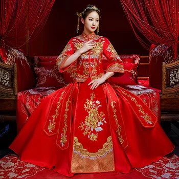 

High Quality Red Traditional Chinese Wedding Dress Long Cheongsam Handmade Embroidery Gold Flowers Qipao Retro Dressing Gown