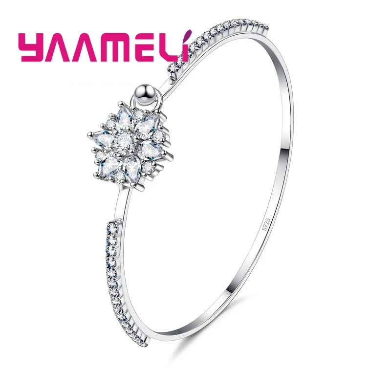 

YAAMELI Best Gfits for Women Shining Austrian Crystal Bangle Bracelets 925 Sterling Silver Flower Cubic Zircon Metal Jewelry