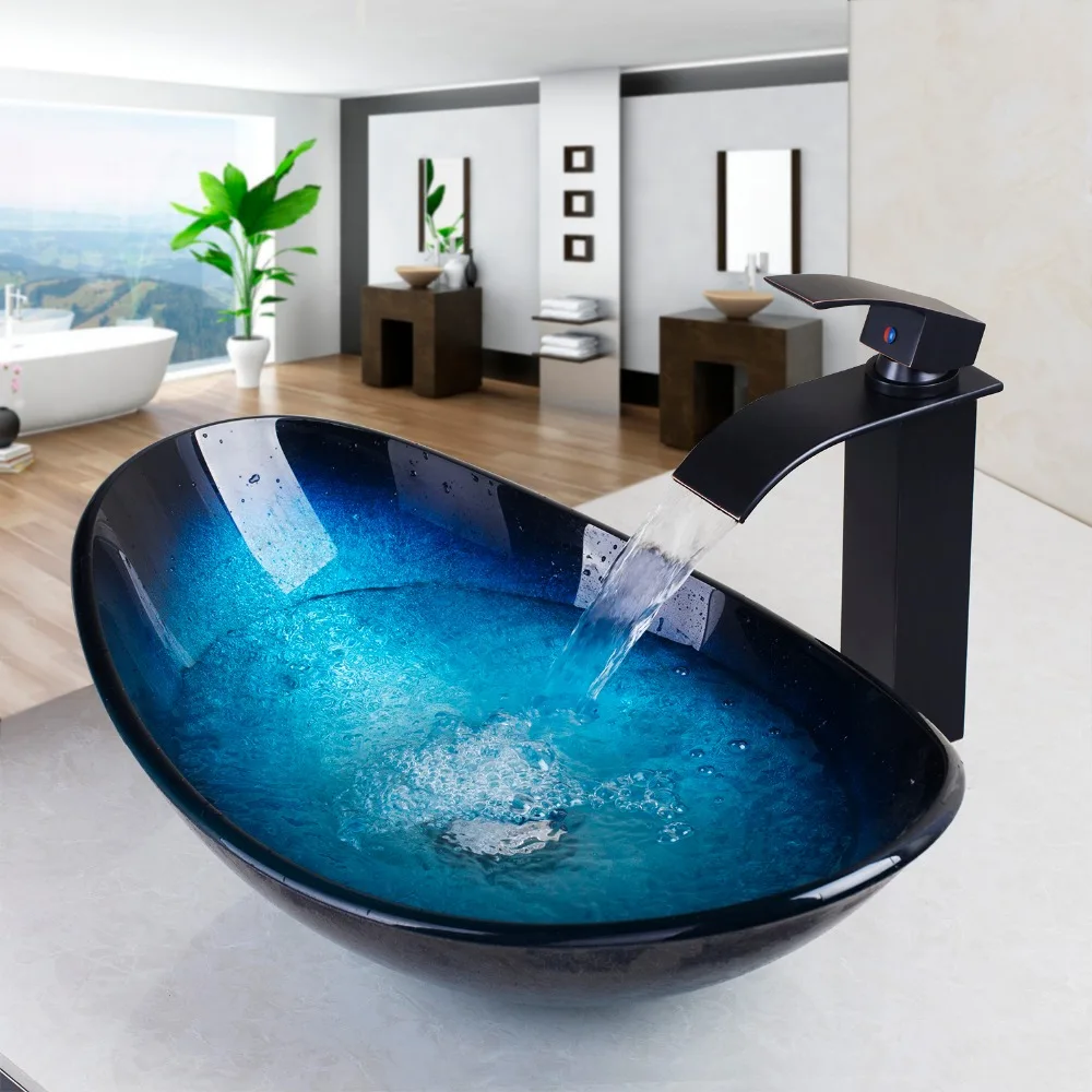 

US Combo Set Counter Top Mixer Round Taps Sink Faucet Vessel Drain Bathroom Sink Vanity Waterfall Spout Chrome  Bath Set Faucet