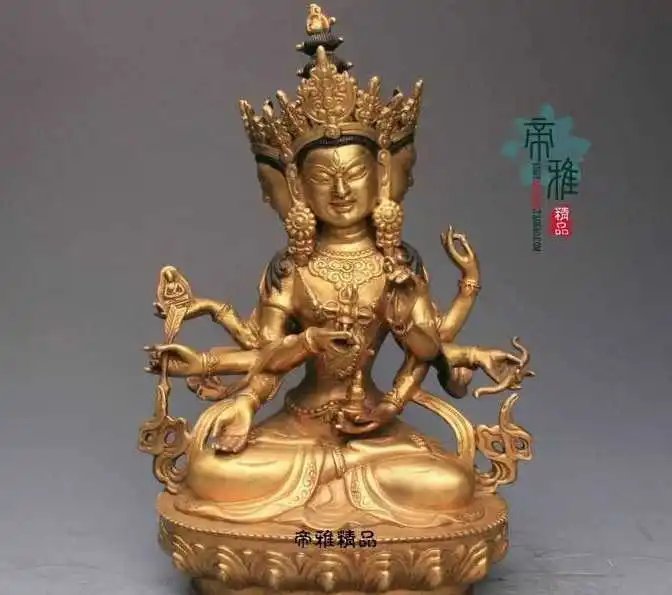 Tibet Copper 24K Gold Gild Three Head Eight Arm Kwan-yin Guanyin Buddha Statue | Дом и сад