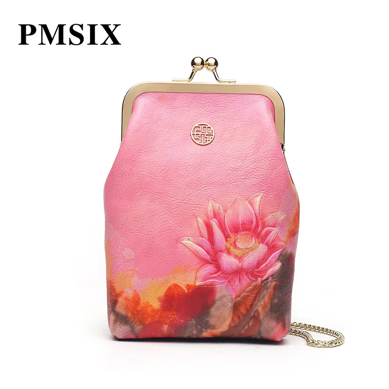 

PMSIX Ladies Genuine Leather Handbag 2019 Embossed Floral Fashion Women's Bags Casual Chain Bags Small Shoulder Bags