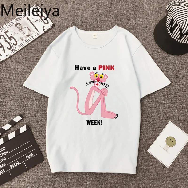 

Harajuku Ulzzang Short-sleeved Women's New Summer Hip-hop Loose Pink Panther White ins Super-hot T-shirt for Men and Women