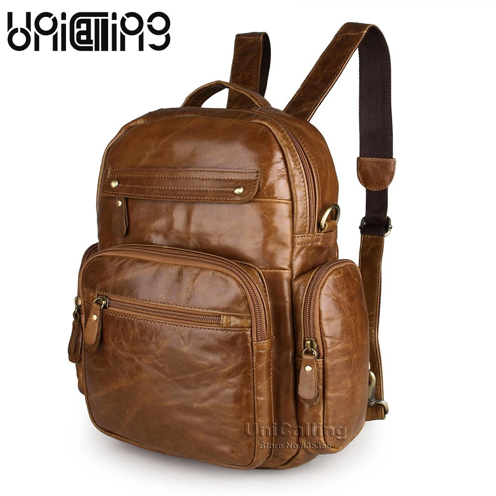 

UniCalling fashion vintage unisex men women leather backpack small leisure real cow leather backpack quality genuine leather bag
