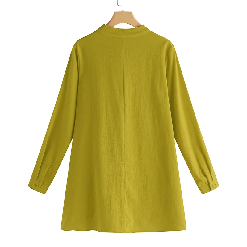 ZANZEA, Весенняя женская Однотонная рубашка с длинным рукавом, Повседневная рубашка с асимметричным подолом, свободная блузка из хлопка и льна, винтажная блуза размера плюс