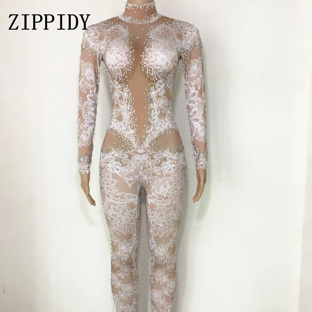 White Costume Leggings Scène Dentelle Strass Femmes Salopette Nuit Danse Spandex De Porter Plaine Blanc Body Boîte Znvgqg8