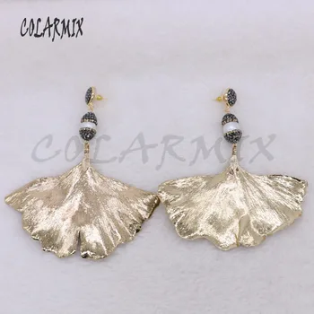 

Gold color Ginkgo leaf &natural pearl dangle earrings shiny drop earring fashion women jewelry earrings 2430