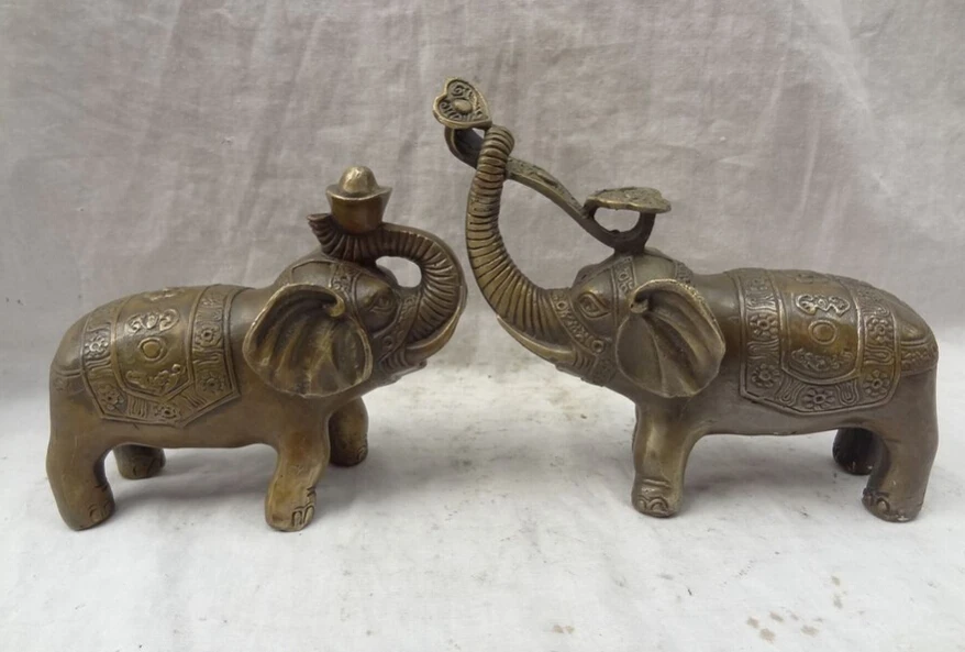 

song voge gem S2634 Chinese Bronze Wealth YuanBao RuYi Flower Animals Elephant Heffalump Statue Pair
